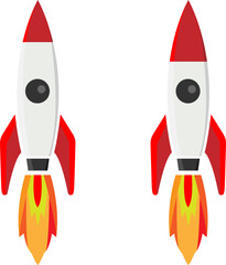 Two elongated rockets, one with a small red tip, the other with a large one, rocket icons, a symbol of upward movement, success and startups.