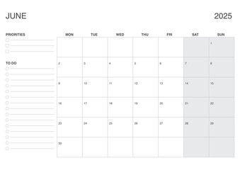 June 2025 A4 Monthly Calendar, Dated JUNE Planner