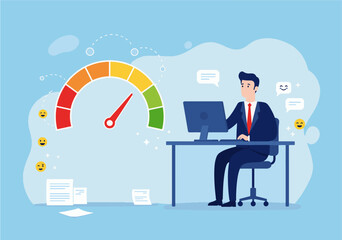 Illustration of a businessman at his desk interacting with customer feedback emojis on a computer screen, symbolizing client satisfaction, service quality, and positive communication in a corporate se