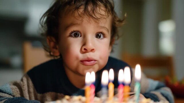 A delighted child is seen blowing out candles on a colorful birthday cake, capturing the joy of celebration and the magic of childhood moments. It reflects innocence and happiness.