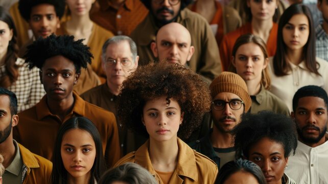 Multicultural people with casual cloth looking at camera while standing surrounded with diverse crowd with casual cloth. Group of people with mixed raced staring at camera. Unity, teamwork. AIG53.