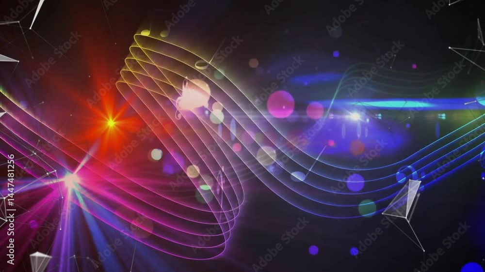 Poster neon wave ribbons sweeping across dark void, glowing bokeh orbs and wireframe prisms floating