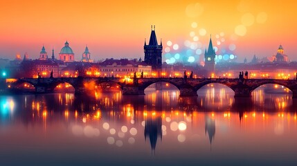 Naklejka premium Prague cityscape at dawn, with bridges and reflections