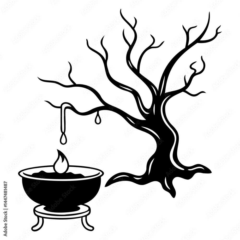 Poster black and white vector illustration of a spooky tree with candle and hanging drops design element is