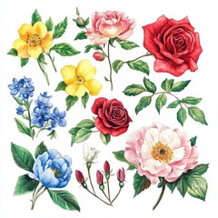 Vibrant floral arrangement featuring various flowers in  yellow, red, pink, and blue. Detailed botanical illustration with  leaves and buds