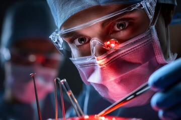 Close-up of medical professional in surgical cap, mask, and protective eyewear performing operation in a sterile environment