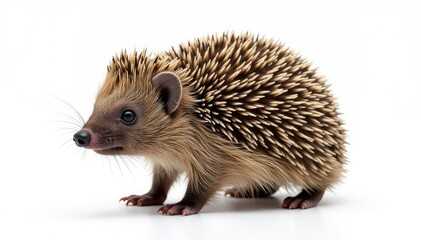 Obraz premium Brown hedgehog, standing, facing left, on white, rodent, woodland, simple