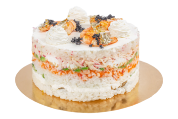 Salmon shrimp sushi cake isolated on white. Japanese cuisine.