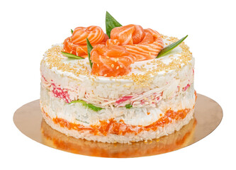 Salmon sushi cake with rice, avocado, cream cheese, seaweed sesame seeds isolated on white.