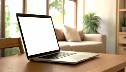 Fototapeta premium Cozy workspace with open laptop, modern living room setting, natural light illuminating desk, ideal for remote work.