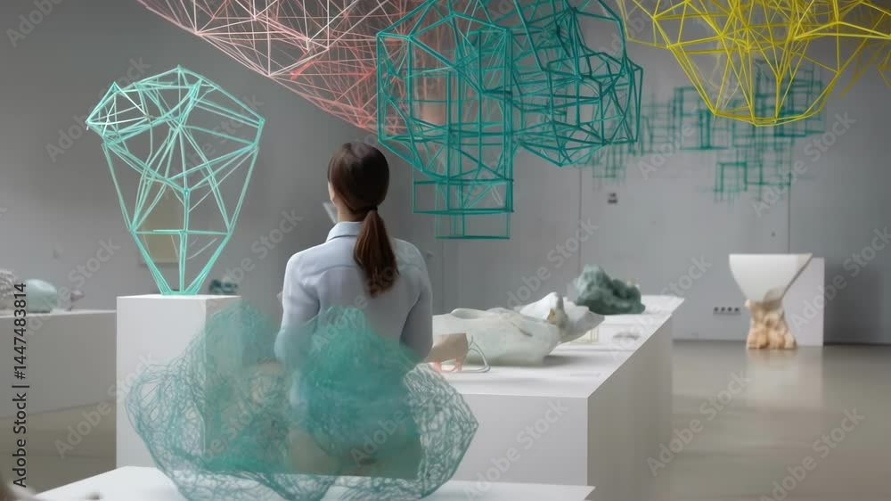 Aufkleber modern art enthusiast capturing geometric sculptures using smartphone while exploring innovative mus
