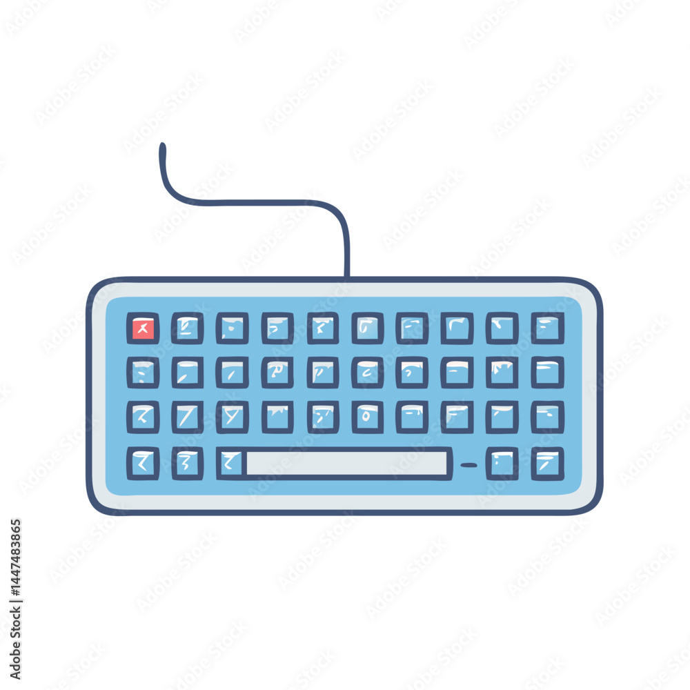 Poster illustration of a blue keyboard with cable, computer keyboard, pc keyboard, typing keyboard, input d