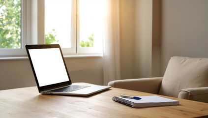 Modern workspace with laptop and notebook, bright natural light streaming through windows, inviting atmosphere for creativity. Isolated on white background or PNG