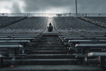 Obraz premium Individual in Hooded Jacket Sits Alone on Empty Stadium Bleachers Under Overcast Sky for Contemplation and Quiet Time