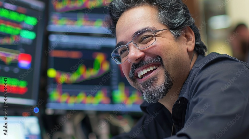 Poster trader happy with rising stock data on monitor