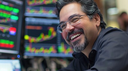 Obraz premium Trader happy with rising stock data on monitor