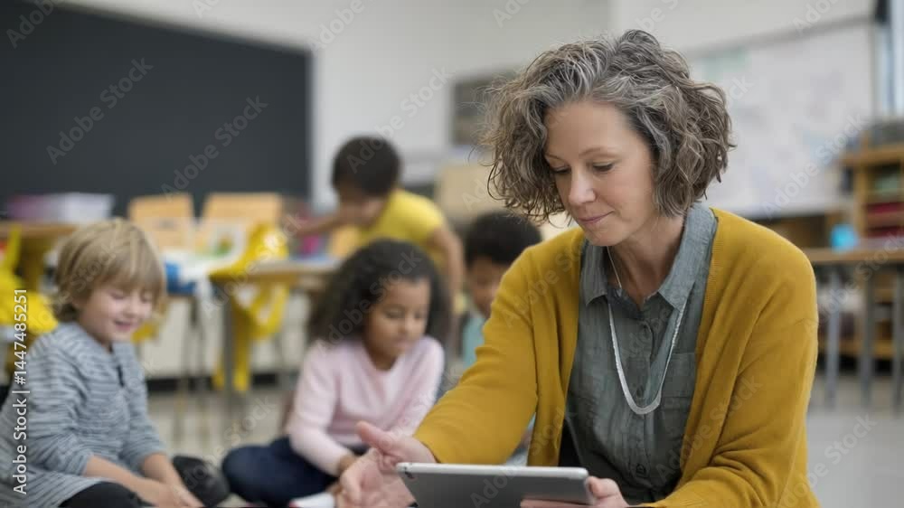 Poster a teacher using a tablet to show educational videos while students gather around in small groups dem