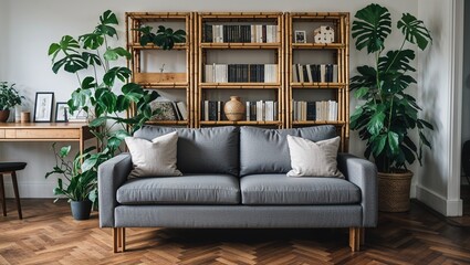 Naklejka premium Cozy Living Room with Wooden Furniture and Lush Indoor Plants