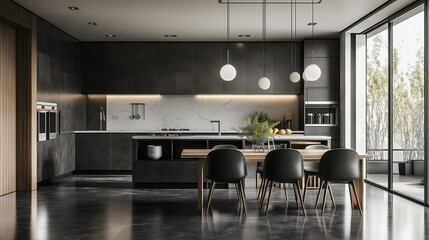 A modern kitchen and sophisticated dining room interior.