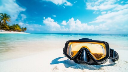 Tropical beach vacation diving mask on white sand summer sea sun sky fun blue reef gear view ocean