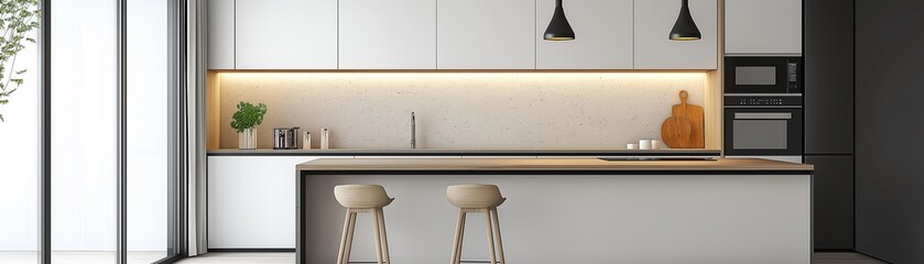 A modern kitchen and sophisticated dining room interior.