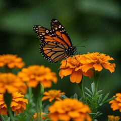 Monarch butterfly perched on vibrant orange marigold flower with soft green background.