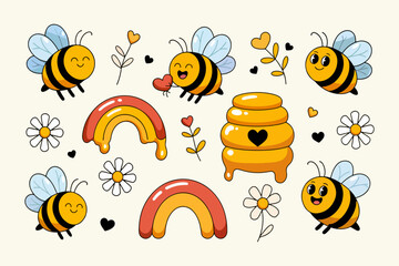 Cute cartoon bee set with honeycombs, rainbows, hearts, and flowers. Cheerful and colorful vector illustration.