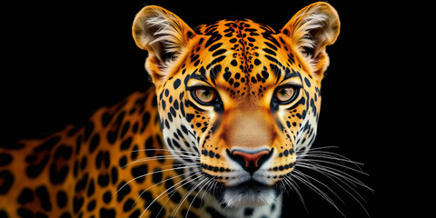 Obraz premium a leopard against a black background. The leopard's face is centered, showcasing its striking features with sharp clarity