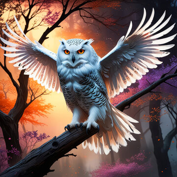 Snow Owl landing on a tree branch ..Generated image