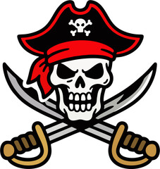 Cartoon Pirate Skull Vector with Crossed Swords and Red Bandana – Bold Sticker Style Emblem
