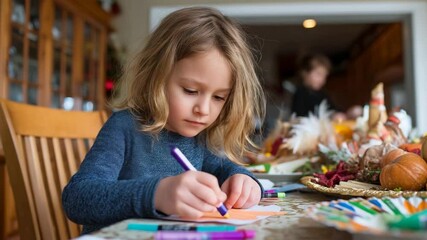 A young child diligently works on a colorful drawing at a dining table filled with autumn decorations, showcasing creativity in a warm and festive environment.