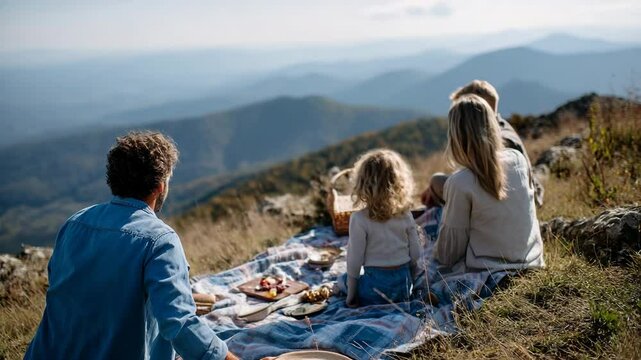 A family enjoys a serene picnic on a mountain top, surrounded by vast scenic views that evoke feelings of joy, togetherness, and the beauty of nature in the great outdoors.