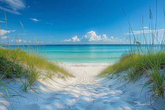 Experience tranquil beauty of an unspoiled coastal oasis, featuring pristine sand dunes, sparkling clear waters, and charming serene ambiance perfect for charming secluded beach getaway  