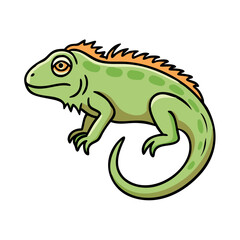 Illustration of a green iguana reptile with orange spikes and a curled tail cartoon drawing art
