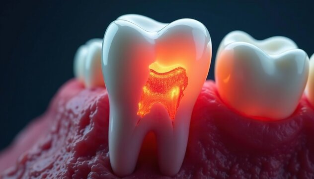 Severe toothache, damaged tooth crown showing nerve , dental emergency, pulp, dentist appointment