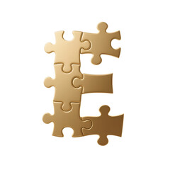 Obraz premium letter e formed from several interlocking golden puzzle pieces 