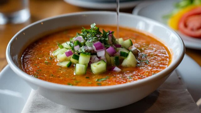 A vibrant bowl of gazpacho topped with fresh veggies, reflecting the essence of healthy, flavorful eating, showcasing a refreshing and colorful dish perfect for summer.