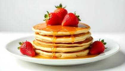 Pancakes with fresh strawberries and syrup Isolated on white background