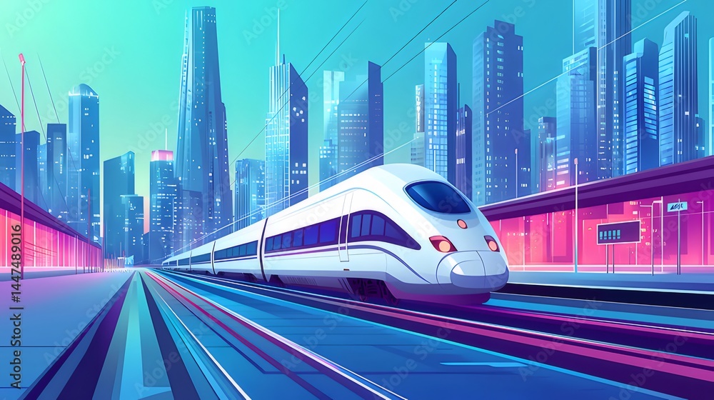 Aufkleber 未来都市を走る高速鉄道のデジタルイラスト パステルカラーの鮮やかなライトと高層ビル群