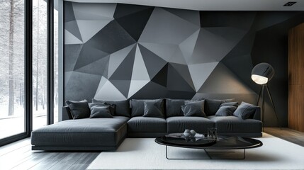 Modern, dark gray, geometric wall decor accentuates a comfortable sectional sofa.