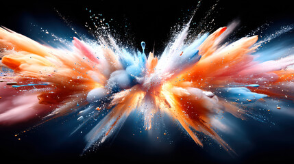 Dynamic colorful powder explosion creates sharp and artistic visual impact against dark background, showcasing vibrant hues of orange, blue, and white in dramatic burst