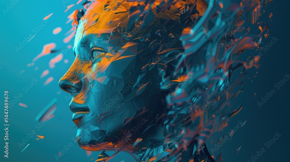 Aufkleber abstract digital faces with glowing blue and orange lines facing each other. digital artwork of face