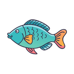 Illustration of a cartoon fish with fins, tail, and scales, aquatic animal, ocean life, pet fish
