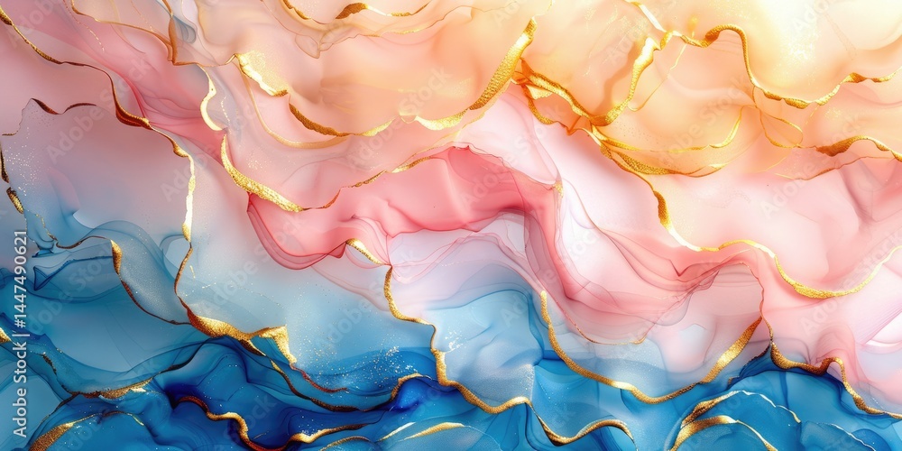 Poster the close up abstract picture of the blue and pink colour mixing each other with gold color inside m