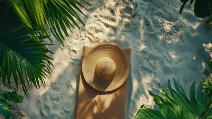 Relaxing on the beach with a straw hat under palm trees at midday