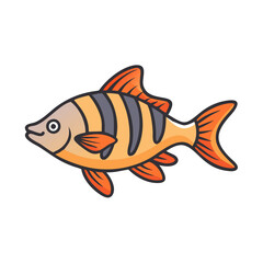 Illustration of a cartoon tiger barb fish with orange fins and black stripes swimming in water