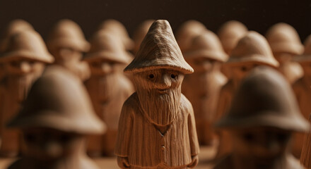 "Wooden Contemplative Figure Standing Apart from Identical Crowd, Philosophical Concept of Existential Solitude, Hand-Carved Art Depiction of Being Different, Introspective Wooden Character in Warm To