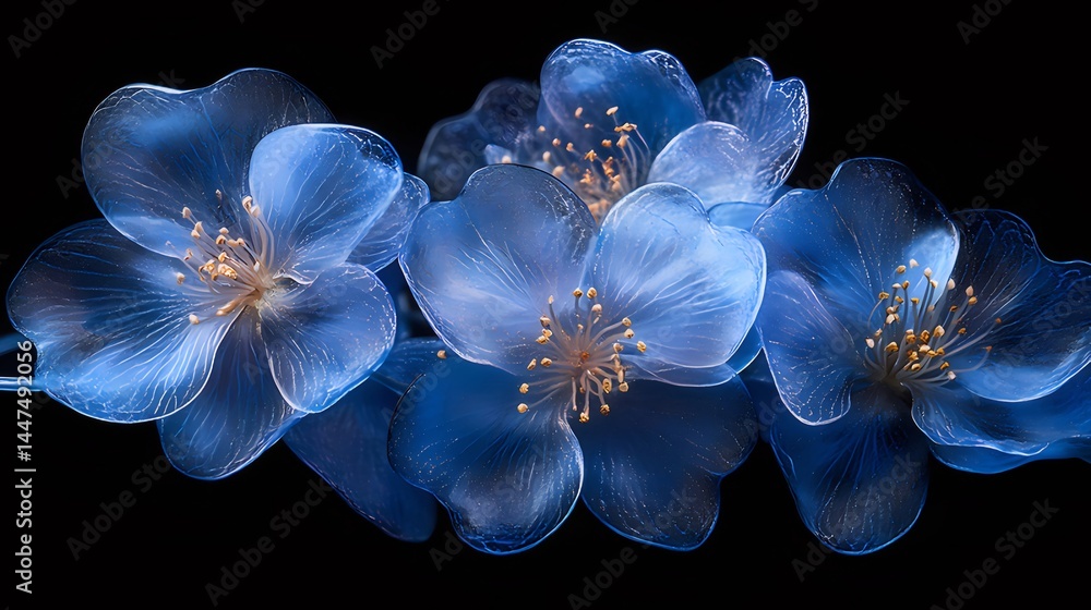 Poster 鮮やかな青色の花が暗い背景の中で輝く光と透明感のあるディテール