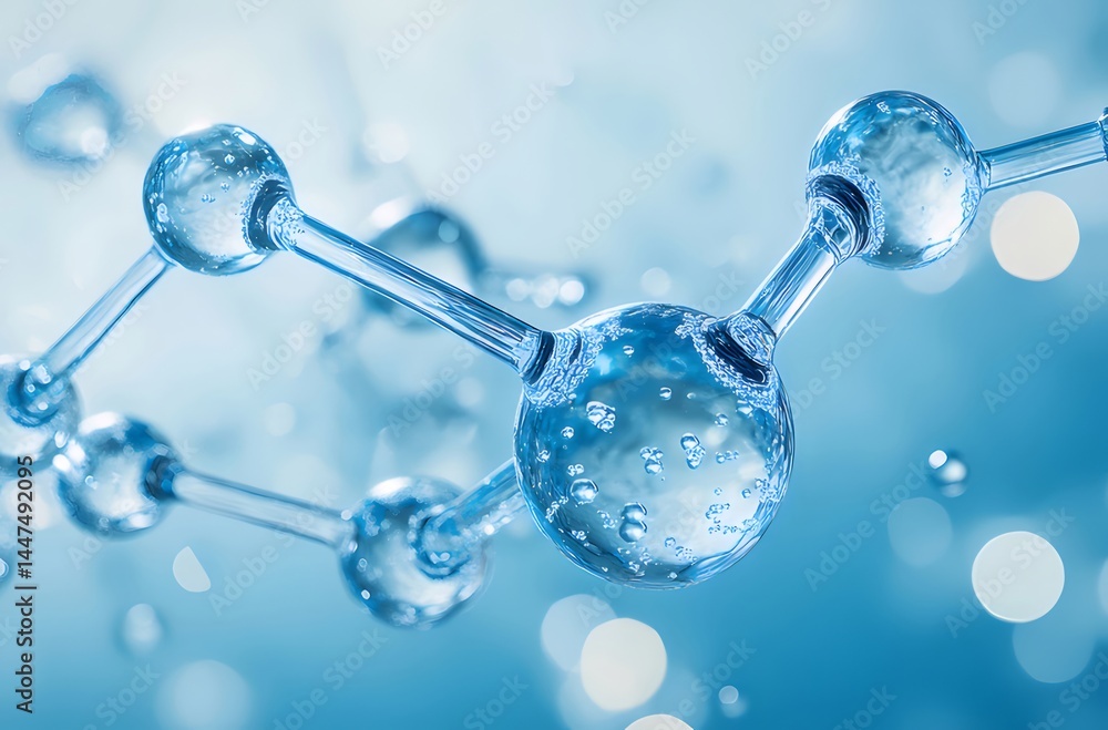 Aufkleber 青色の背景に配置された透明な球状の分子構造の抽象的な表現 科学的技術デザイン