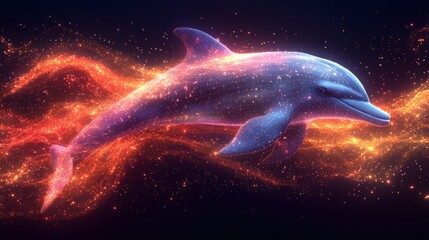 Radiant dolphin shimmers with glowing energy trails, evoking underwater magic and cosmic marine life, on a transparent background, PNG image, PNG file.